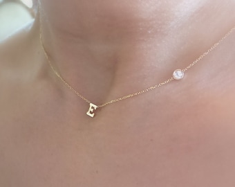 Diamond Initial Necklace / 14k Gold Diamond Letter Necklace / Diamond Bezel Letter Necklace / Dainty Initial Diamond Necklace / Personalized