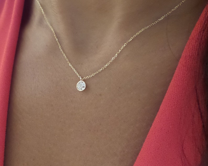 Diamond Necklace 0.25ct / 14k Gold Diamond Necklace / Dangling Diamond Necklace / Floating Diamond / Dainty Diamond Necklace / Diamond Bezel image 1