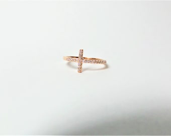 Diamond Cross Ring / 14k Rose Gold Diamond Cross Ring / Communion Gift / Confirmation Gift / Graduation Gift / Dainty Cross Ring / Religious
