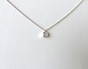 Square Shape Diamond Pendant/ Dainty Diamond Necklace/ 14k Gold Diamond Necklace/ 14K White Gold Solitaire Necklace/ MinimalistDiamond/ Gift