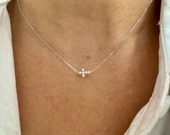 Small 14k Gold Diamond Cross Necklace: Minimalist Sideways Design
