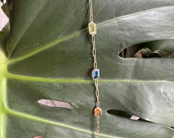 14k Gold Gemstone Station Bracelet: Amethyst, Topaz, Peridot, Garnet