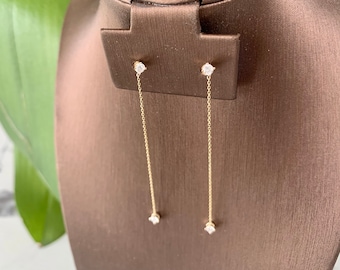 Diamond Stud Earrings 0.40CTS (pair) / Diamond Solitaire Studs / 14k Solid Gold Dangling Studs/ Round Diamond stud Earrings / Long Earrings