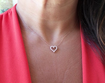 Diamond Heart Necklace 0.35CT / 14k Rose Gold Diamond Heart Necklace / Gold Diamond Heart Necklace / Bridal Heart Necklace