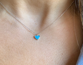 Heart Necklace / 14k Gold Small Heart Necklace / Blue Enamel Heart Charm Necklace / Mini Heart / Solid Gold Heart Charm Necklace