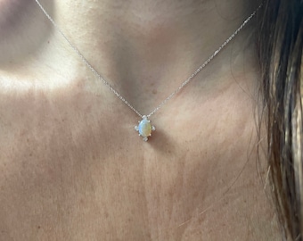 Opal Diamond Necklace /  Black Opal Diamond Solitaire Necklace / 14k White Gold Opal Diamond Solitaire Necklace / Black Opal Necklace