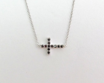 Small Diamond Cross Necklace / Black Diamond Cross Necklace / 14k White Gold Layering Diamond Cross / Baptism Cross / Communion Confirmation