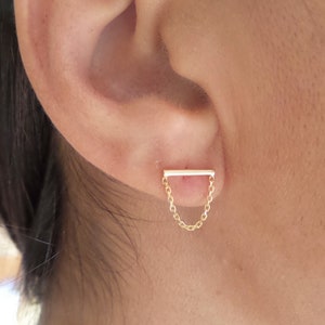 14k Gold Bar Chain Earrings: Handmade Pushback Style