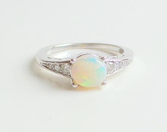 Opal Ring 14 k White Gold with Diamonds SI1 Clarity G Color/ Delicate Opal Ring/Gold Natural Opal Ring/ Opal Engagement Ring/ Genuine Opal