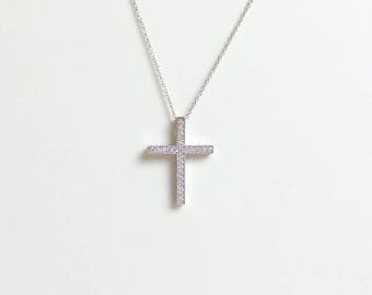 Diamond Cross 14k White Gold Necklace/ Gold Diamond Cross Necklace/ Pave Set Diamond Cross/ Confirmation Gift/ Womens Diamond Cross Necklace