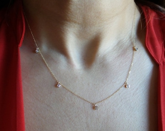 Diamond Necklace 0.25 tcw / 14k Gold Diamond Charm Bezel Necklace / Diamond Station Necklace / Bridal Diamond Necklace / Dainty Diamond