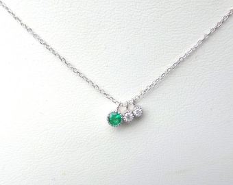 Emerald Diamond Necklace / Emerald Diamond Solitaire Necklace / 14k White Gold Birthstone Diamond Emerald Necklace / Bezel Set Emerald