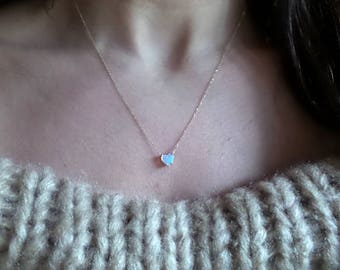 Opal Heart Necklace/ Natural Opal/ 14k Gold Opal Necklace/ Gold Opal Pendant/October Birthstone/ Dainty Opal Heart/ Gift for her/ Bridal