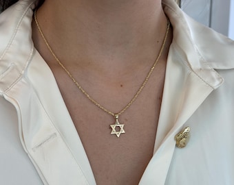 14K Solid Gold Star of David Necklace:Large Traditional Jewish Charm Pendant