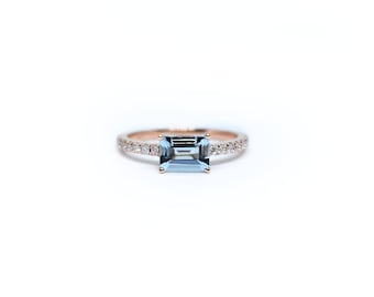 Aquamarine Diamond Ring 0.90cts / 14k Gold Emerald Cut Aquamarine Diamond Ring / Genuine Aquamarine Diamond Engagement Ring / Stackable Ring