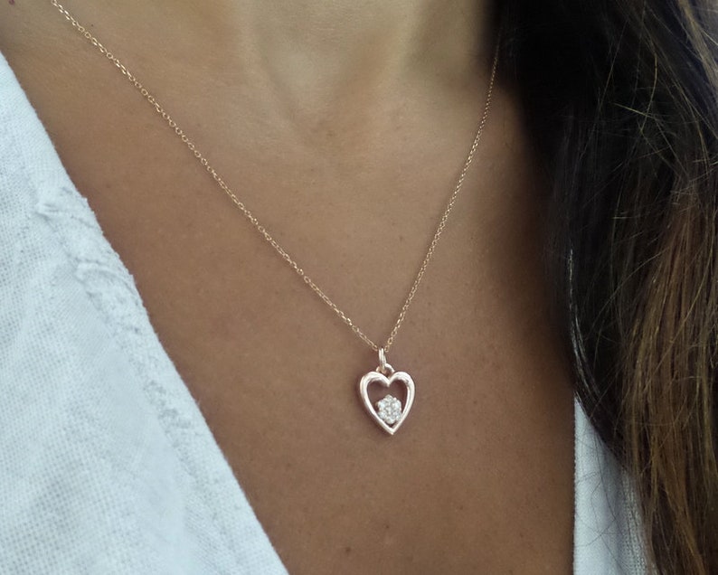 Diamond Heart Necklace 14k Rose Gold Diamond Heart Necklace Solid Rose Gold Heart Necklace Dainty Heart Necklace Heart Pendant