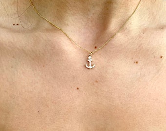 Diamond Anchor Necklace / 14k Gold Diamond Anchor Necklace/ Solid Gold Anchor Necklace / Gold Hope Necklace