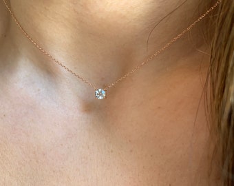 Aquamarine Necklace 4 mm / 14k Rose Gold Aquamarine Necklace / Aquamarine Solitaire / March Birthstone Necklace / Blue Aquamarine Necklace