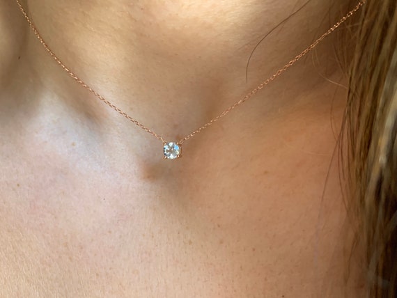 ハンドメイド 14K ローズゴールド アクアマリン ソリティア ネックレス 
