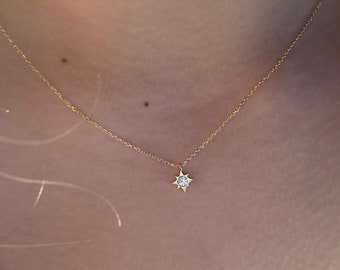 Small Diamond Solitaire north Star Necklace / Mini Petite Starburst Diamond Necklace / 14k Gold North Star Diamond Necklace / Tiny Star