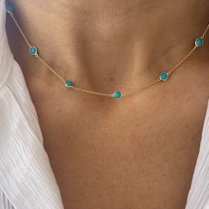 Turquoise Station Necklace 3.91cts / 14k Gold Turquoise Solitaire Necklace / Layering Turquoise Birthstone Station Necklace /  Bridal