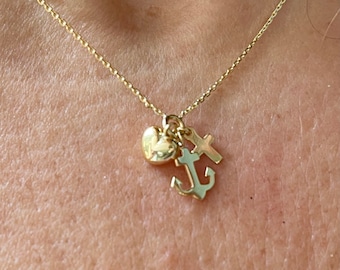 Mini Cross Heart Anchor Necklace / 14k Gold Tiny Cross Heart Anchor Necklace / Christ Love Hope Necklace / Minimalist Cross Heart Anchor