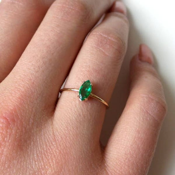 Emerald Solitaire Ring / 14k Gold Emerald Ring / Colombian Emerald Ring / Marquise Shape Emerald Ring / May Birthstone / Stackable Emerald
