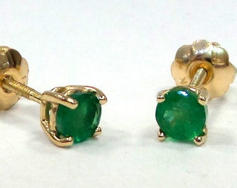 Emerald Round Earrings 14k Yellow Gold 0.52cts TCW/ Yellow Gold  Round Emerald Earrings/ Delicate Emerald Earrings/ Dainty Emerald Earrings