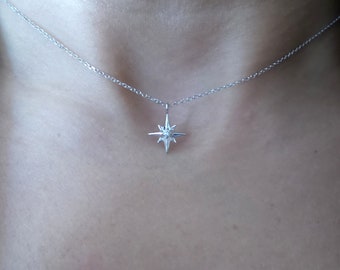 North Star Necklace / Starburst Diamond Necklace / 14k White Gold North Star Diamond Necklace / Minimalist North Star Pendant / Dainty Star