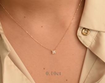 Diamond Flower Necklace, 14k Gold Diamond Cluster Necklace 0.10ct, Small 4 Diamond Necklace , Minimalist Cluster Necklace, Layering Bridal