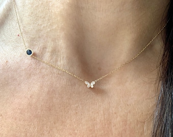 Sapphire Butterfly Necklace / 14k Gold Sapphire Solitaire Butterfly Necklace / Sapphire Diamond Butterfly Bezel Necklace