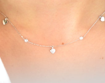 Everyday Diamond Heart Station Necklace, 14k Gold Heart Charm Necklace, Small Heart Necklace, Dainty Bridal Pendant