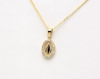 Miraculous Medal Charm, Virgin Mary Charm Necklace, Everyday Dainty 14k Gold Diamond Virgin Mary Necklace, Lady of Guadalupe Medallion