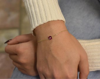 Red Ruby Diamond Marquise Bracelet/ 14k Gold Birthstone Ruby Bracelet/ Minimalist Ruby Jewelry/ Layering Ruby Bracelet