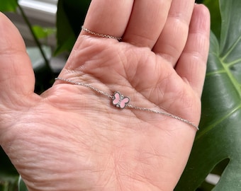 Diamond Butterfly Bracelet / 14k Gold Diamond Butterfly Bracelet / Pink Enamel Butterfly Bracelet / Diamond Butterfly Charm