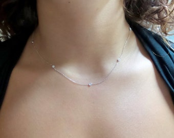 Diamond Bezel Necklace 0.40CT / Diamond Solitaire Necklace / 14k Gold Diamond Necklace / Floating Diamond Necklace/ Diamond station Necklace