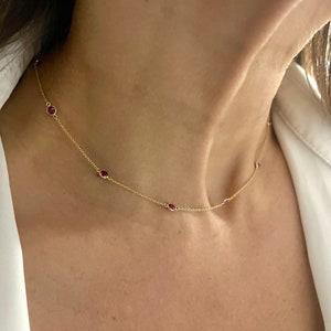 Ruby Station Necklace / 18k Gold Ruby Solitaire Necklace / Red Ruby Birthstone Station Necklace / Petite Ruby Bridal Necklace