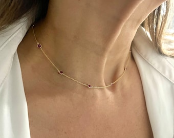 18k Gold Ruby Station Necklace: Handmade Bezel Set Solitaire