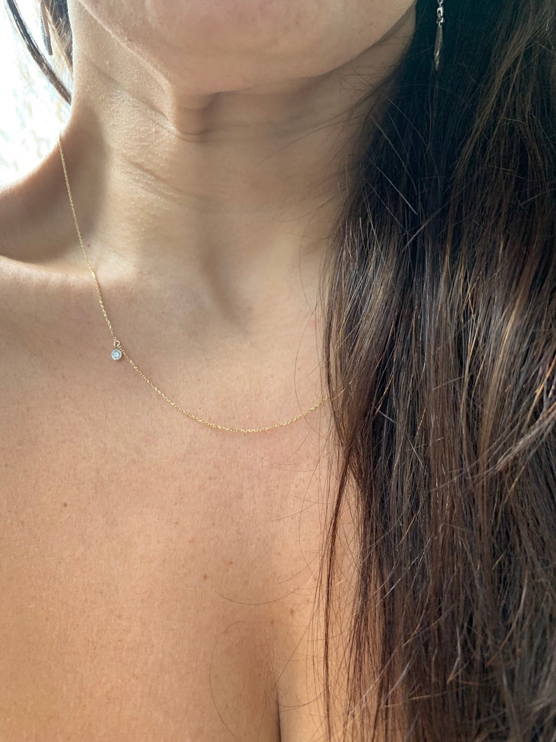 Diamond Necklace / Diamond Solitaire Necklace / 14k Gold Diamond Bezel Necklace / Layering Diamond Necklace / Floating Diamond image 6