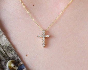 Diamond Cross Necklace 0.55ct/ 14k Gold Large Diamond Cross/ Baptism Gift / Communion / Confirmation / Confirmation