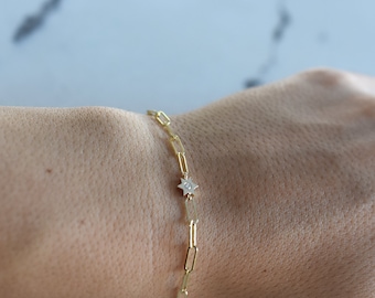 Star of David Paper Clip Bracelet / 14k Gold Star of David Paper Clip Chain Bracelet / Bat Mitzvah Gift / Layering Star of David