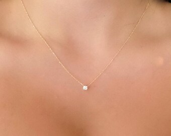 Diamond Necklace / 14k Gold Diamond Necklace / Delicate Solitaire Pendant / Dainty Diamond Necklace / Bridal Jewelry / Floating Diamond