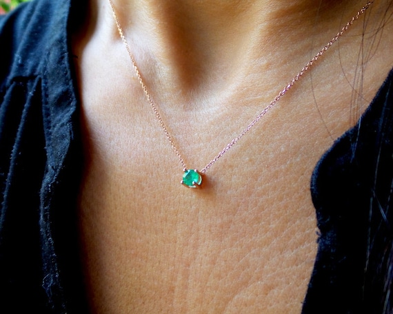 Emerald Necklace / 14k Rose Gold Emerald Solitaire Necklace / - Etsy