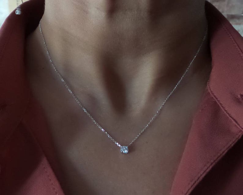 Diamond Necklace / 14k Gold Diamond Necklace 0.25CT / Prong Set Diamond Solitaire Necklace / Dainty Diamond / Floating Diamond Necklace image 6