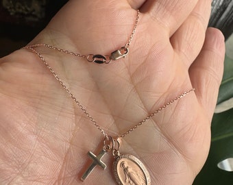 Cross Virgin Mary Necklace / Small Cross Virgin Mary Necklace / 14k Gold Mary Pendant / Guadalupe Necklace / Virgin Mary Medallion Necklace