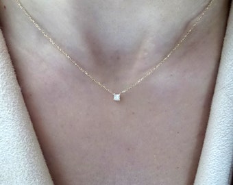 Princess Cut Diamond Necklace / Diamond Solitaire Necklace / Dainty Diamond / Bridal Diamond Necklace / 14k Gold Diamond Necklace