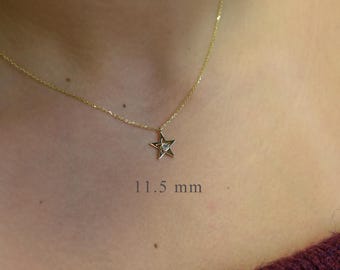 Diamond star necklace, 14k gold star pendant with 0.05 carat diamond, minimalistic diamond star necklace for everyday layering