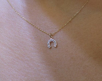 Horseshoe Necklace/ 14k Gold Horseshoe Necklace/ Diamond Horseshoe Pendant/ Mini Horseshoe/ Gold Horseshoe/ Good Luck Charm/ Birthday Gift