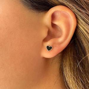 Heart Earring ( single piece)  / 14k Gold Small Heart Earring /  Black Enamel Heart Stud / Mini Heart  / Solid Gold Heart Earring