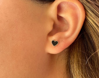 Heart Earring ( single piece)  / 14k Gold Small Heart Earring /  Black Enamel Heart Stud / Mini Heart  / Solid Gold Heart Earring